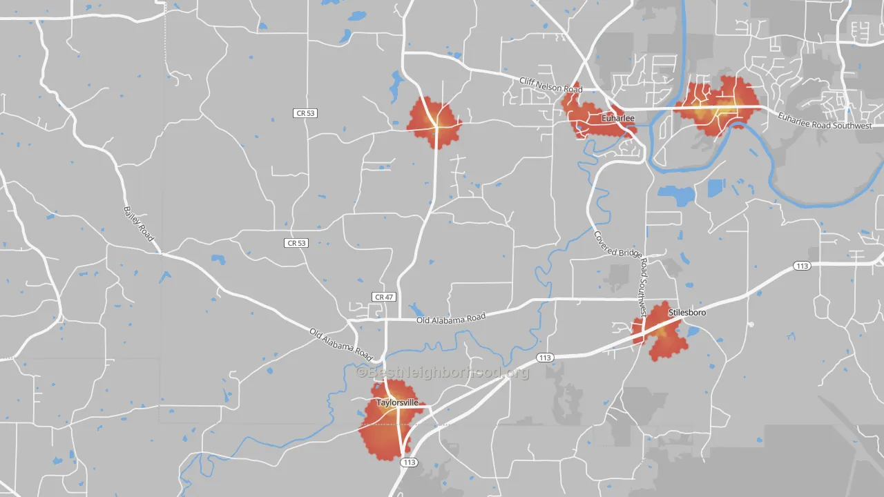 Walk Grade map of 30178, GA, walkable areas in green and car-dependent areas in red