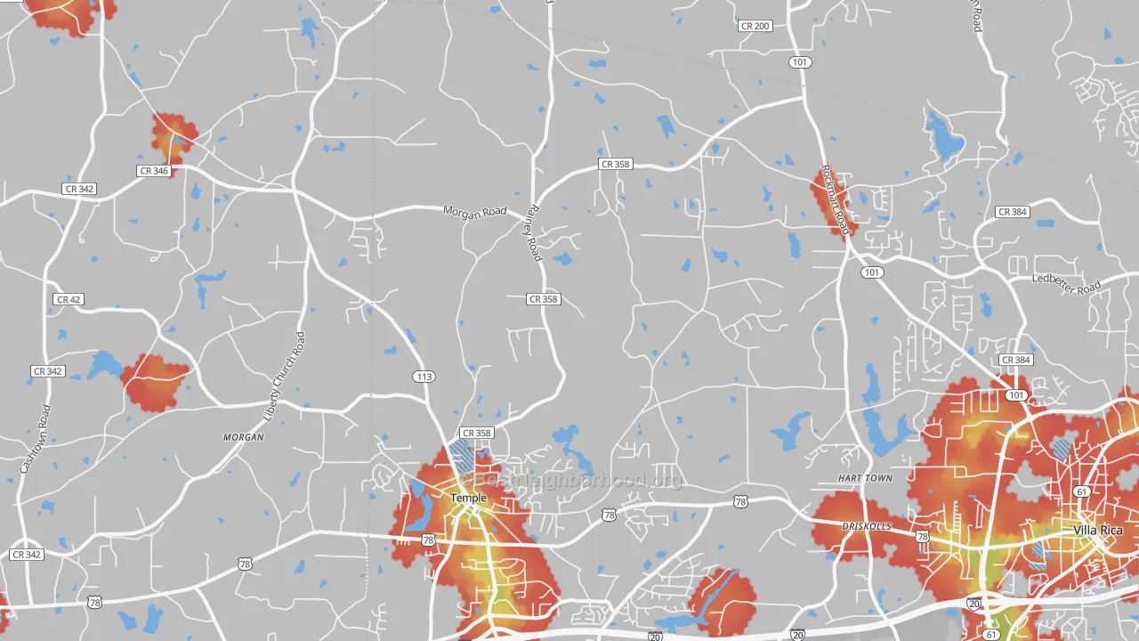 Walk Grade map of 30179, GA, walkable areas in green and car-dependent areas in red