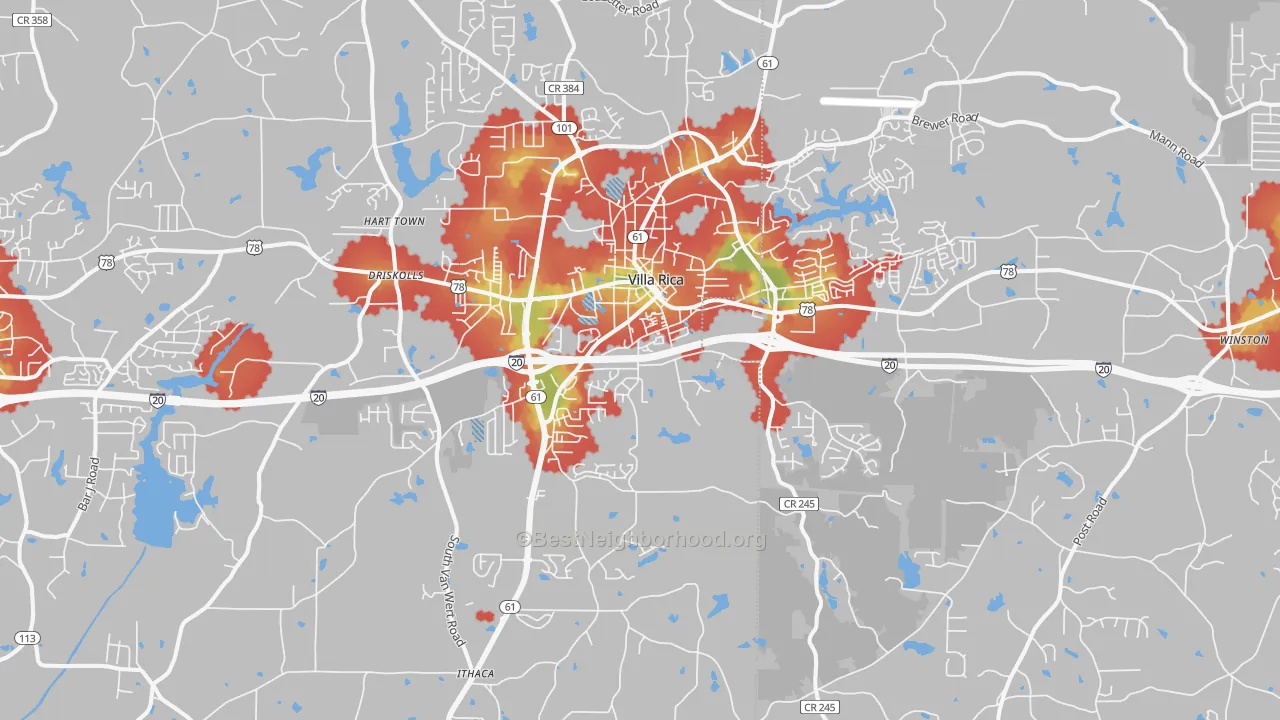 Walk Grade map of 30180, GA, walkable areas in green and car-dependent areas in red