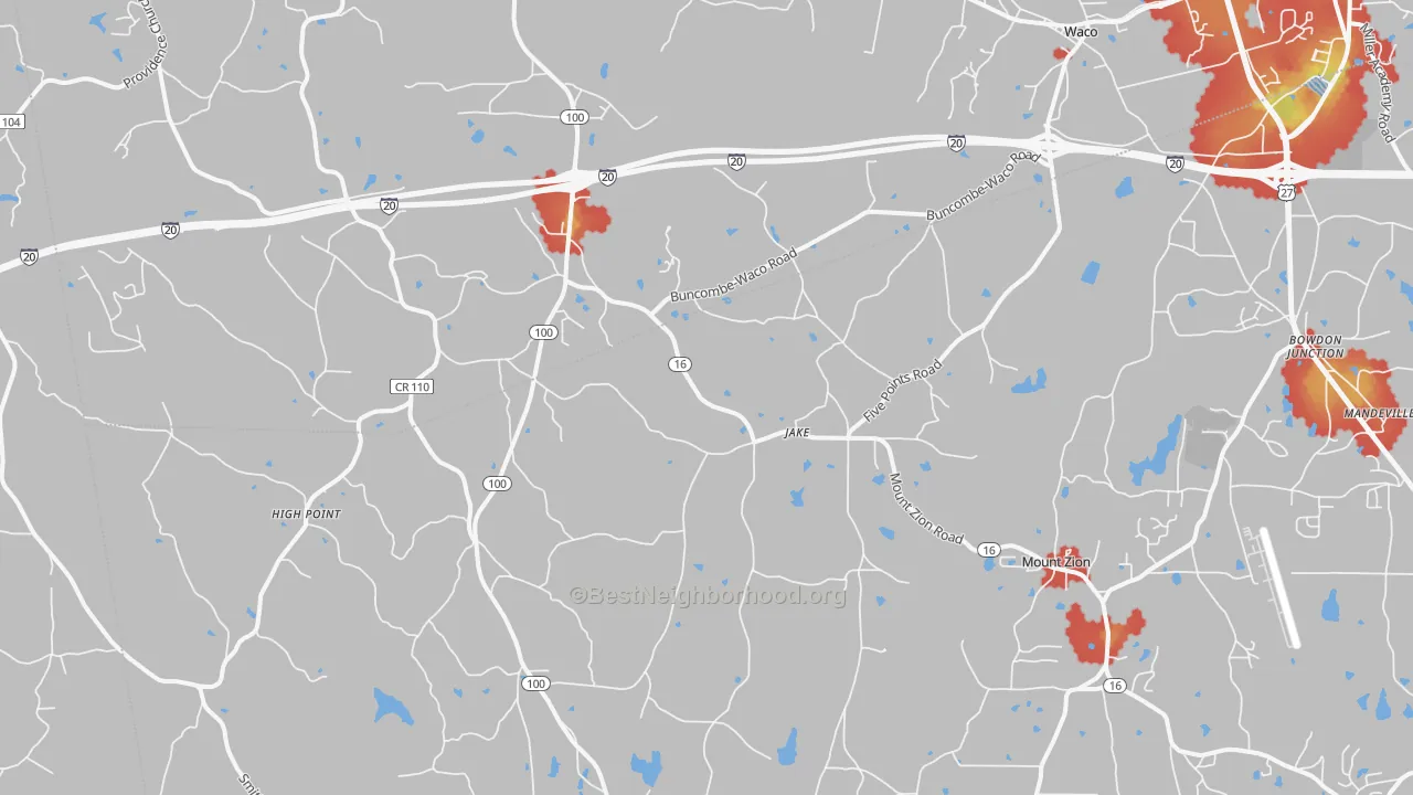 Walk Grade map of 30182, GA, walkable areas in green and car-dependent areas in red