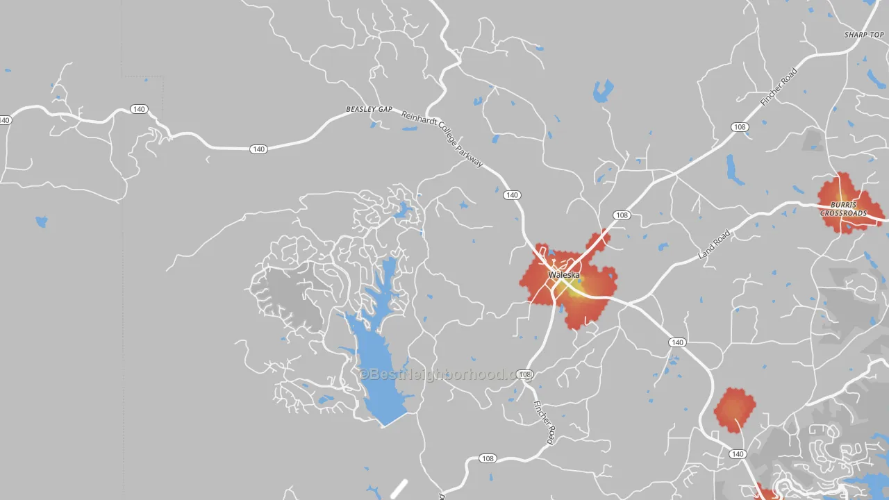 Walk Grade map of 30183, GA, walkable areas in green and car-dependent areas in red