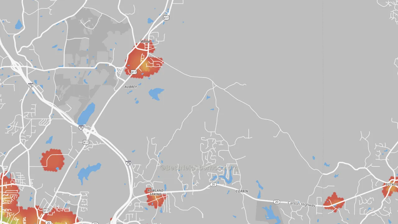 Walk Grade map of 30184, GA, walkable areas in green and car-dependent areas in red