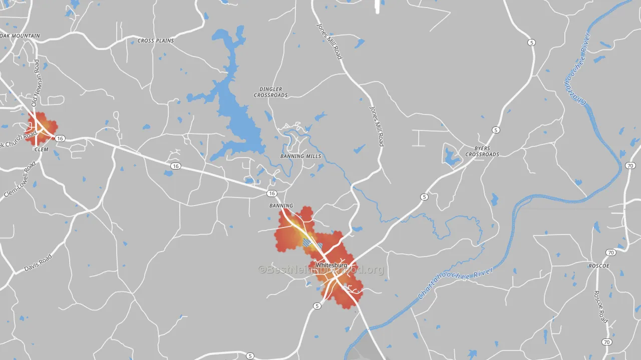 Walk Grade map of 30185, GA, walkable areas in green and car-dependent areas in red