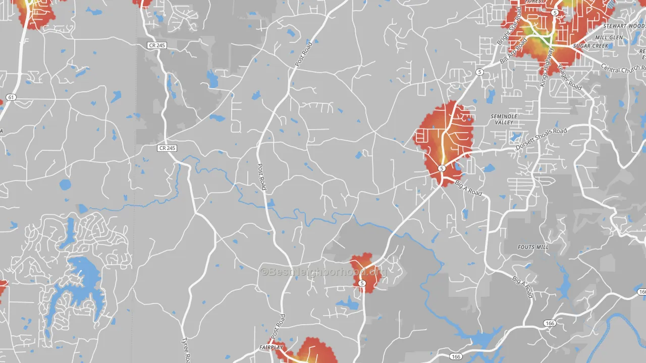 Walk Grade map of 30187, GA, walkable areas in green and car-dependent areas in red