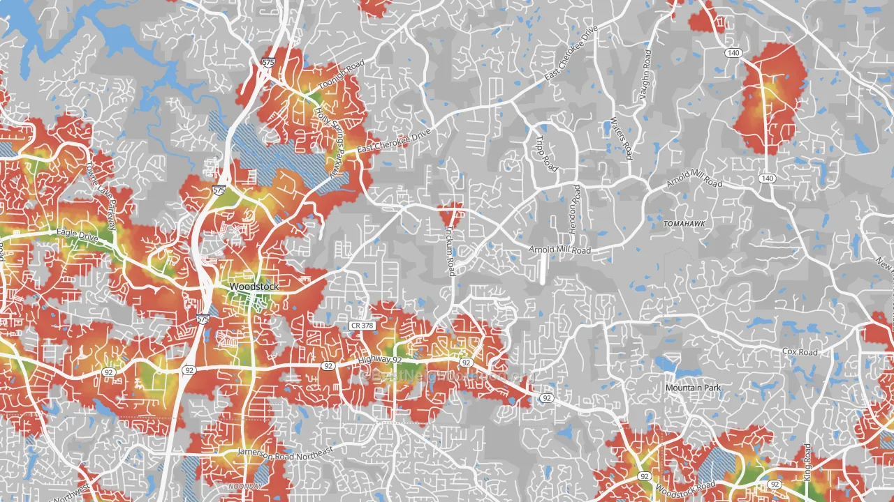Walk Grade map of 30188, GA, walkable areas in green and car-dependent areas in red