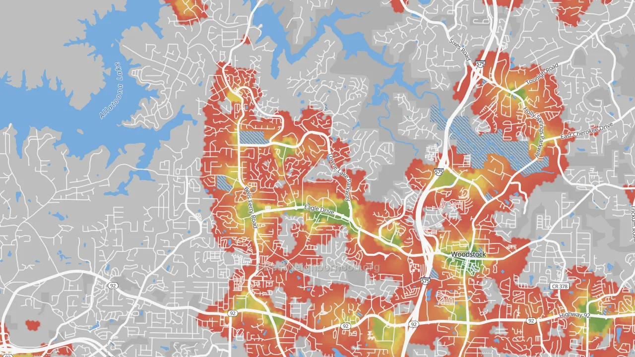 Walk Grade map of 30189, GA, walkable areas in green and car-dependent areas in red