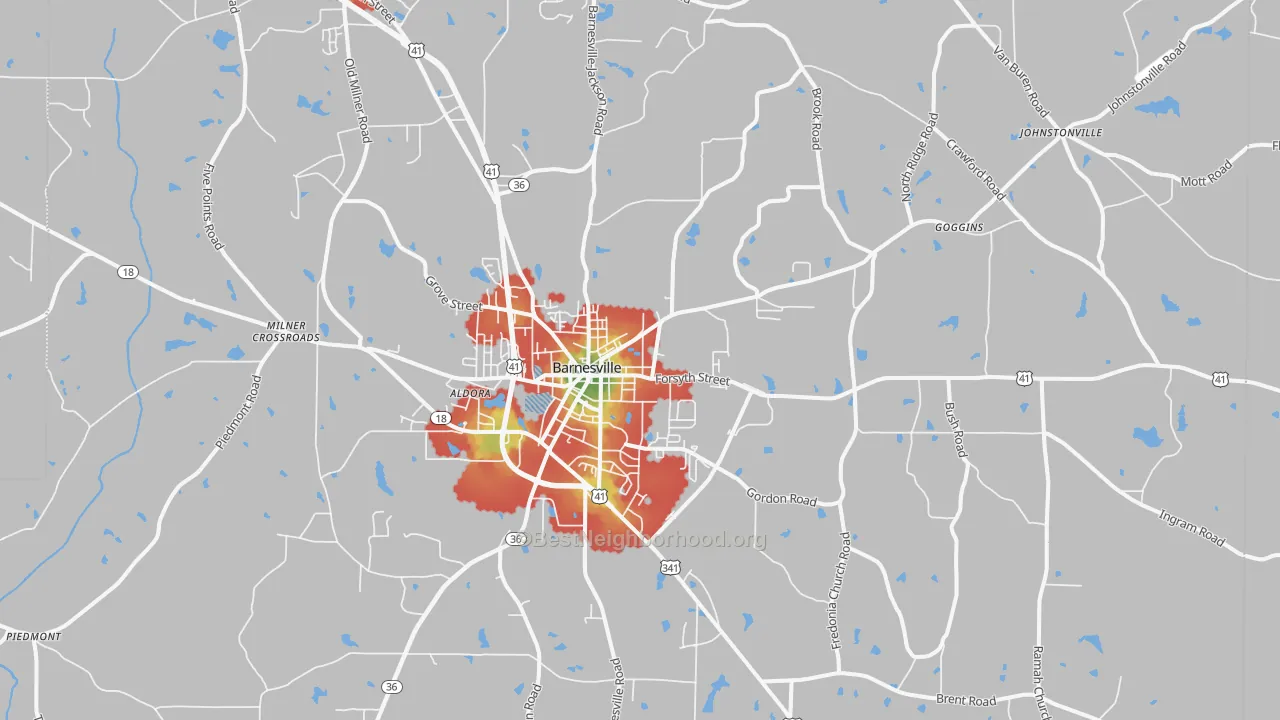 Walk Grade map of 30204, GA, walkable areas in green and car-dependent areas in red