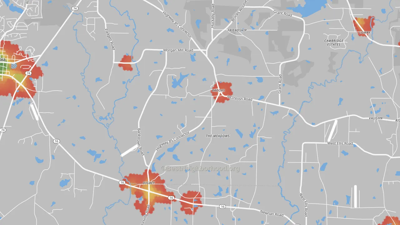 Walk Grade map of 30205, GA, walkable areas in green and car-dependent areas in red