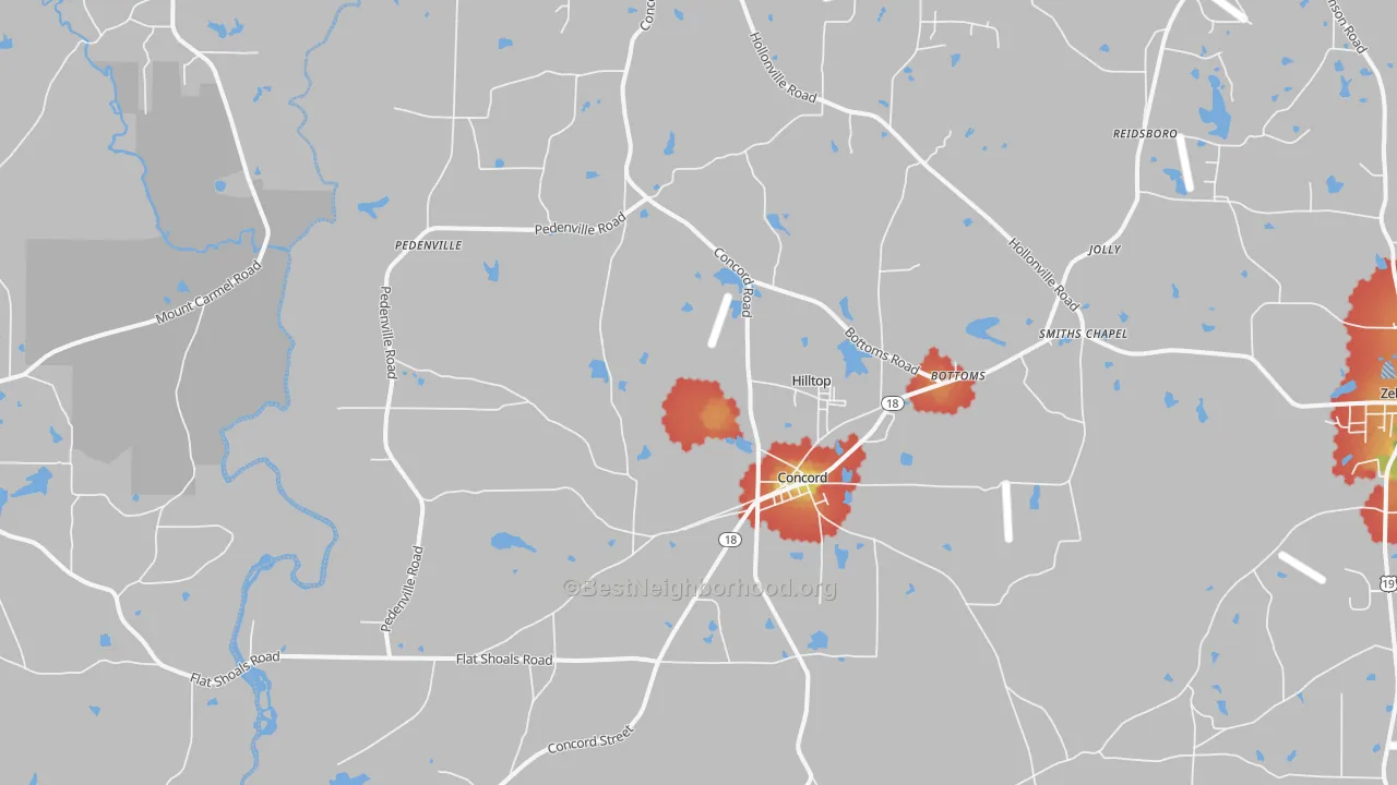 Walk Grade map of 30206, GA, walkable areas in green and car-dependent areas in red