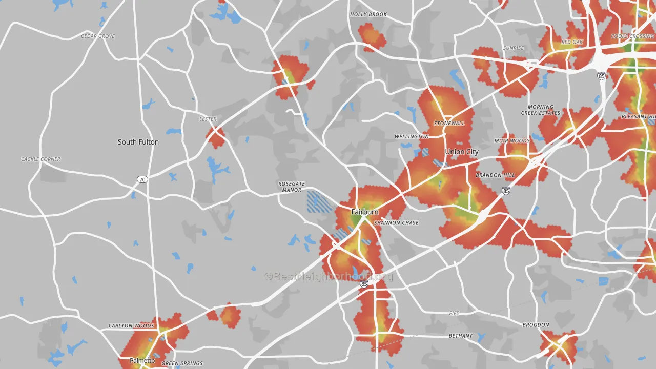 Walk Grade map of 30213, GA, walkable areas in green and car-dependent areas in red