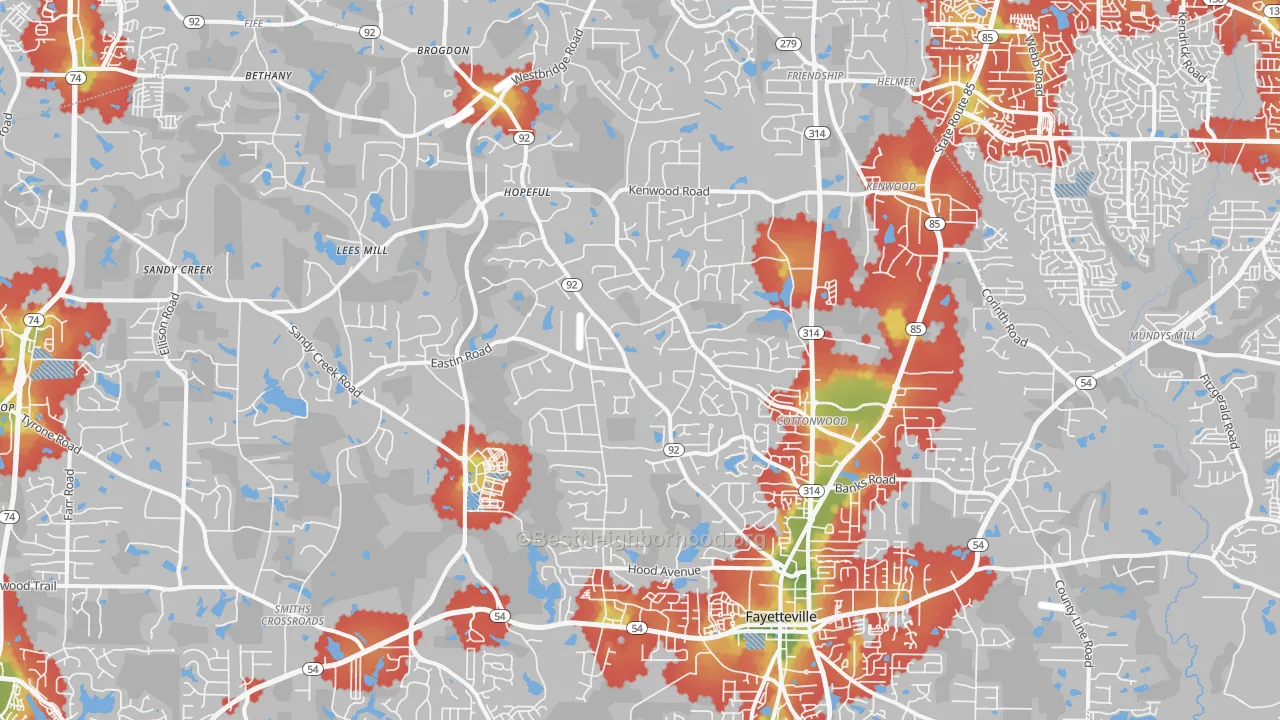 Walk Grade map of 30214, GA, walkable areas in green and car-dependent areas in red