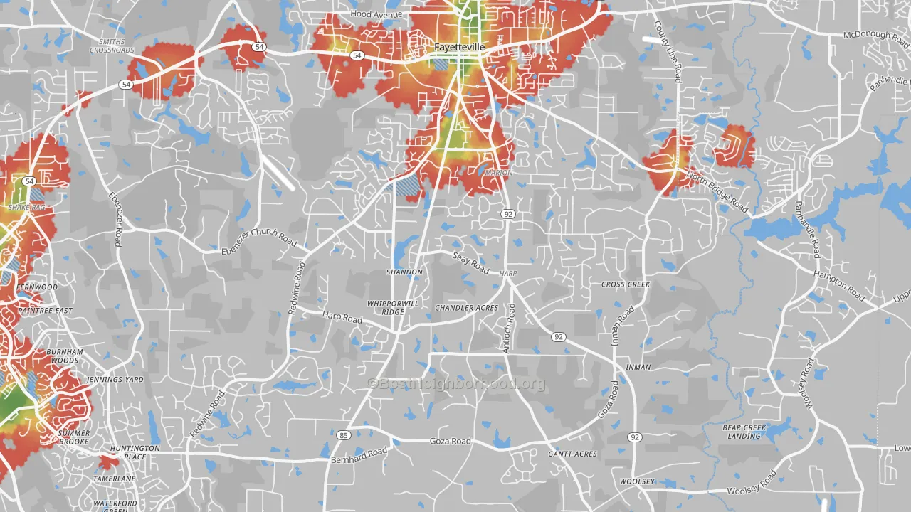 Walk Grade map of 30215, GA, walkable areas in green and car-dependent areas in red