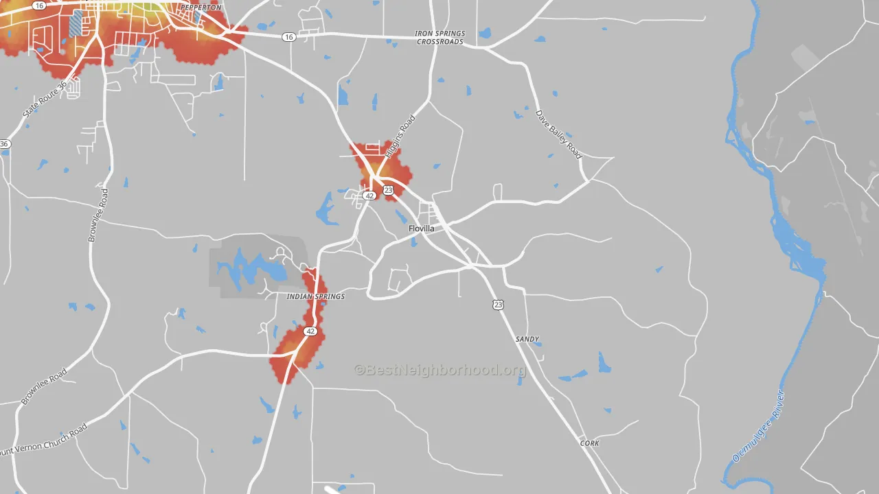 Walk Grade map of 30216, GA, walkable areas in green and car-dependent areas in red