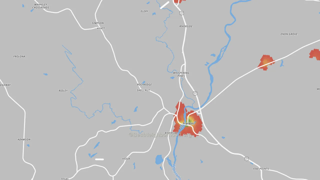 Walk Grade map of 30217, GA, walkable areas in green and car-dependent areas in red