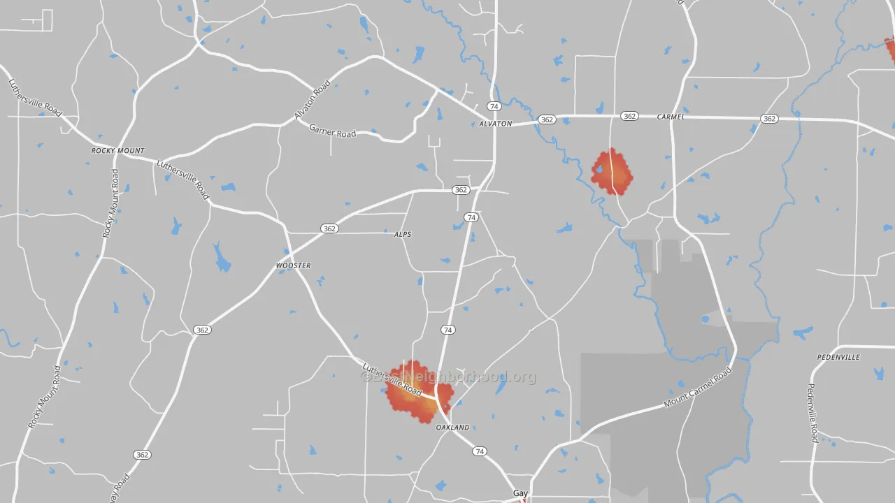 Walk Grade map of 30218, GA, walkable areas in green and car-dependent areas in red