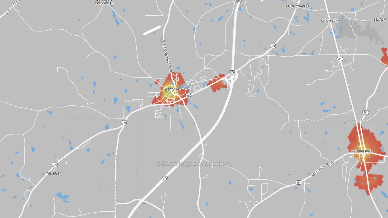 Walk Grade map of 30220, GA, walkable areas in green and car-dependent areas in red