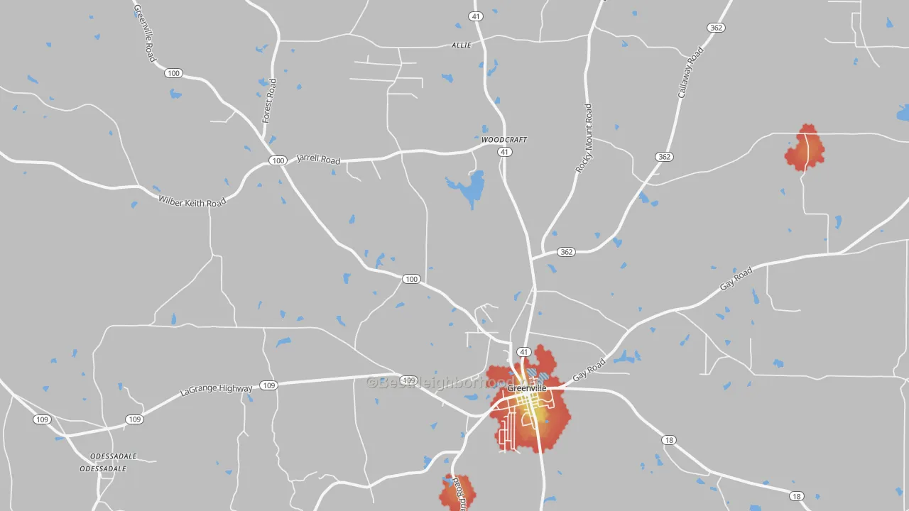 Walk Grade map of 30222, GA, walkable areas in green and car-dependent areas in red