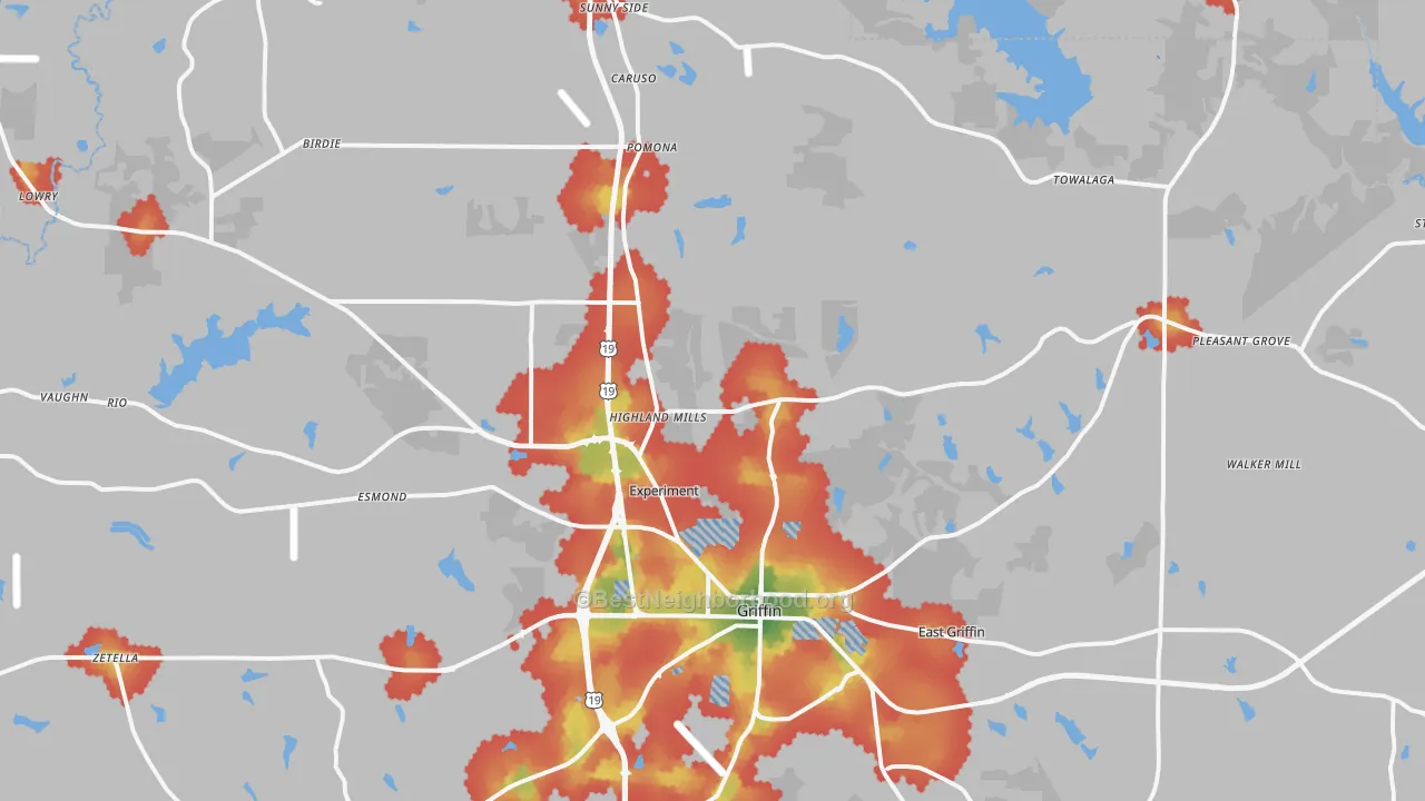 Walk Grade map of 30223, GA, walkable areas in green and car-dependent areas in red