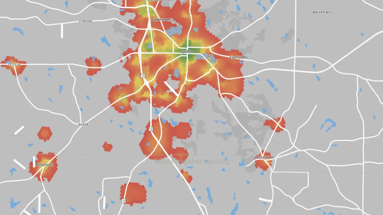 Walk Grade map of 30224, GA, walkable areas in green and car-dependent areas in red