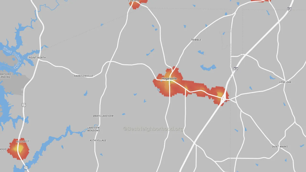 Walk Grade map of 30230, GA, walkable areas in green and car-dependent areas in red