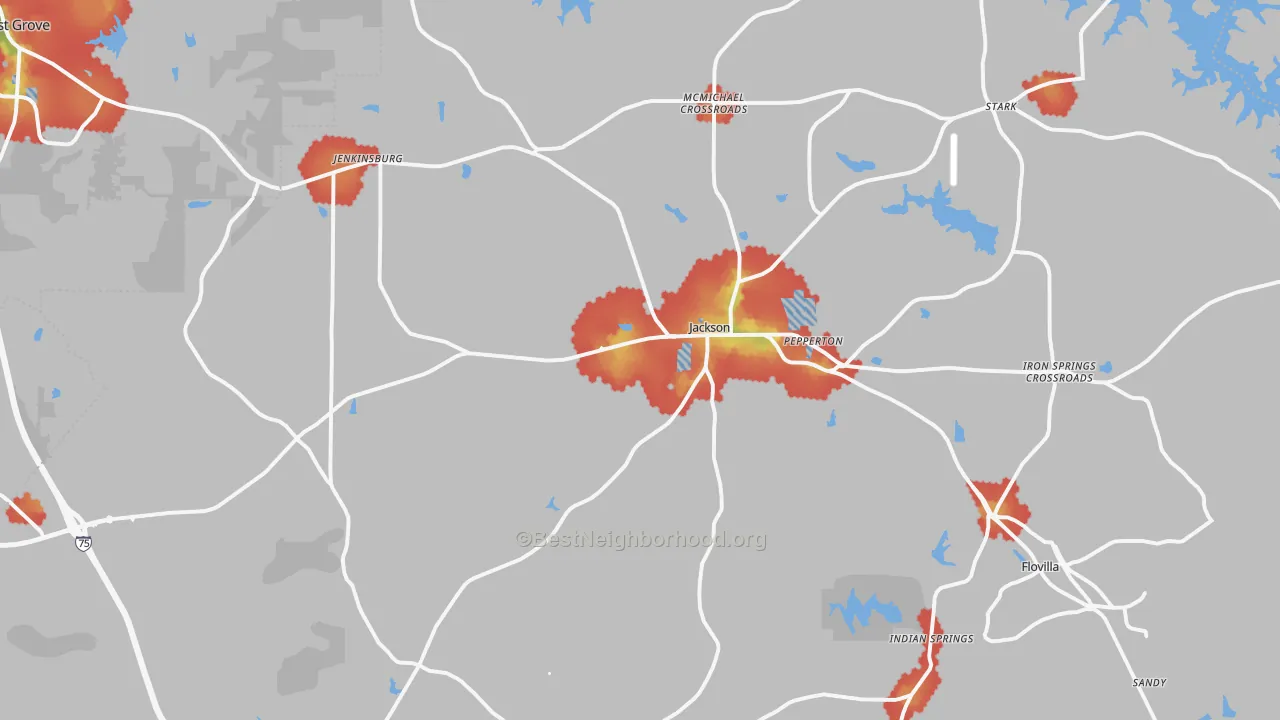 Walk Grade map of 30233, GA, walkable areas in green and car-dependent areas in red