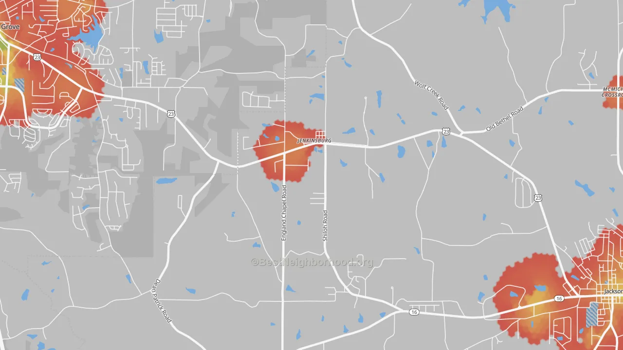 Walk Grade map of 30234, GA, walkable areas in green and car-dependent areas in red