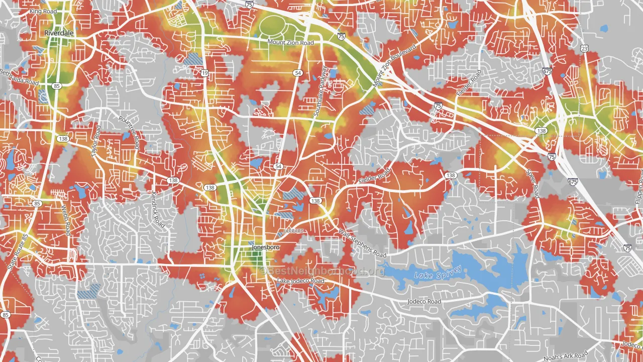 Walk Grade map of 30236, GA, walkable areas in green and car-dependent areas in red