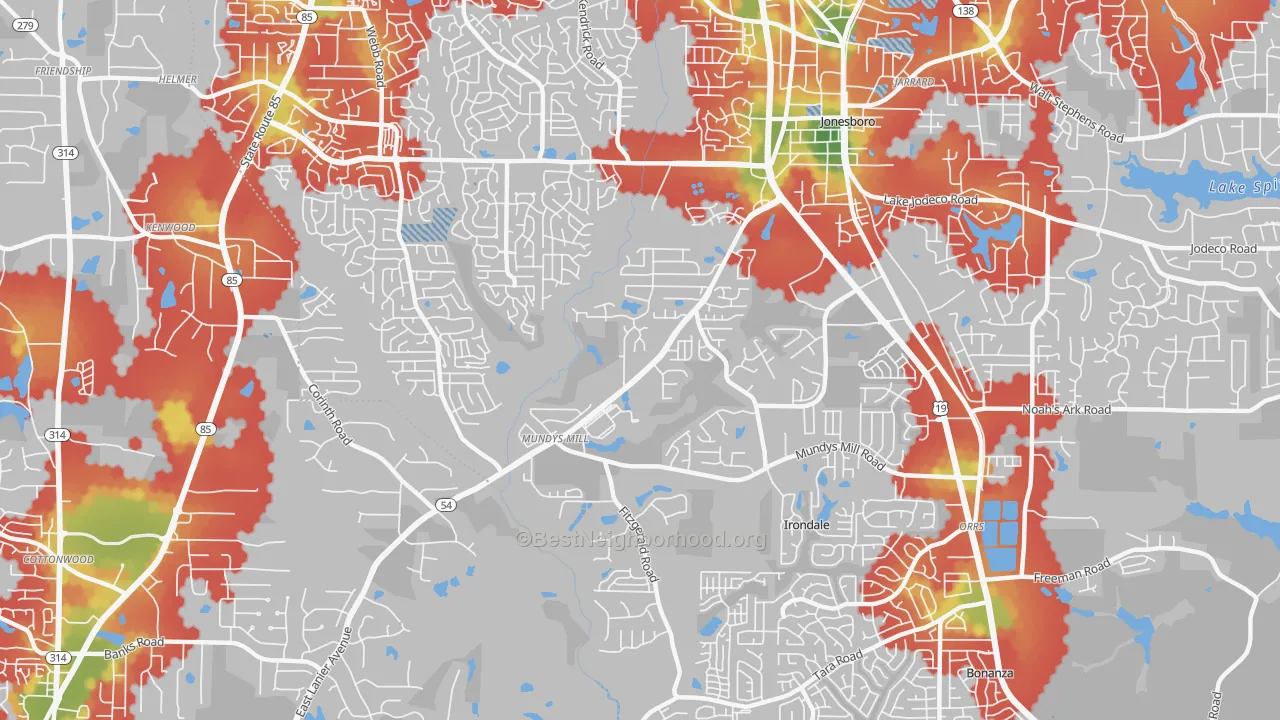 Walk Grade map of 30238, GA, walkable areas in green and car-dependent areas in red