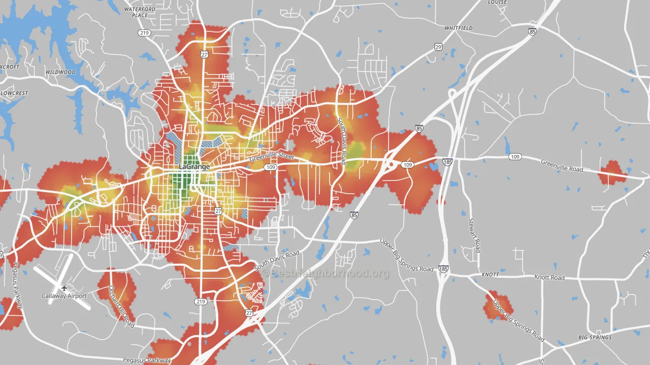 Walk Grade map of 30241, GA, walkable areas in green and car-dependent areas in red