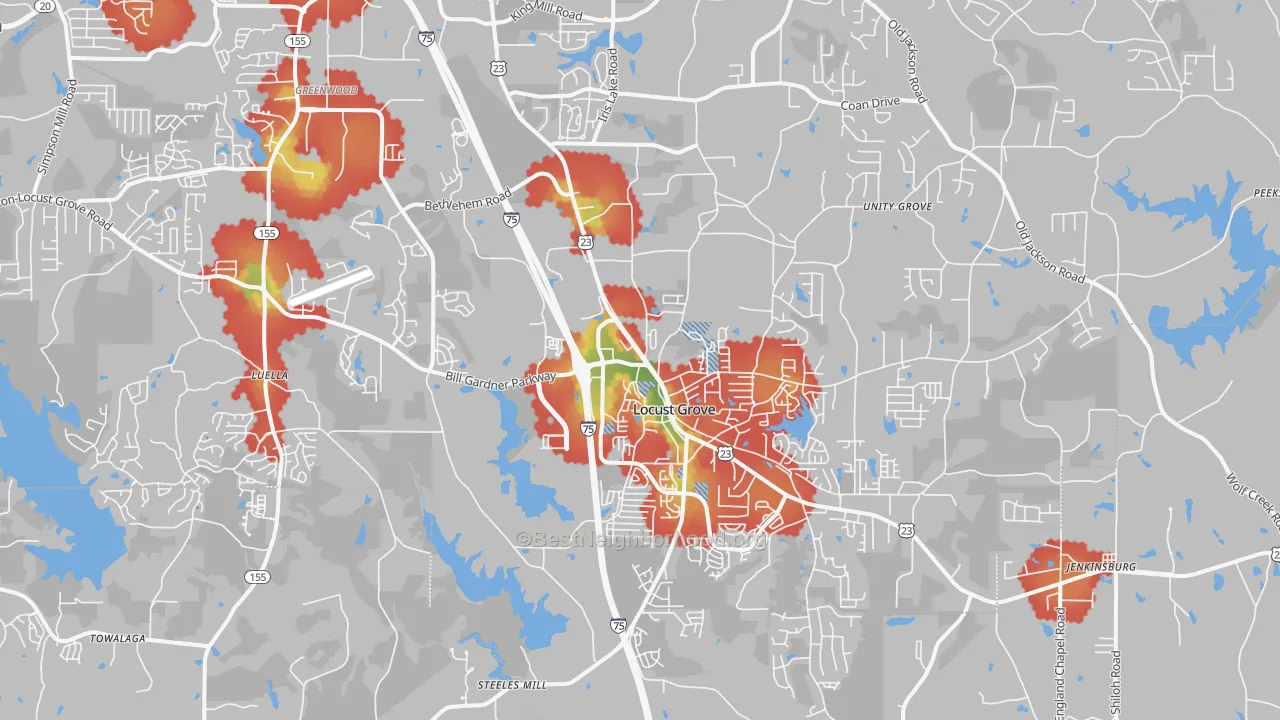 Walk Grade map of 30248, GA, walkable areas in green and car-dependent areas in red