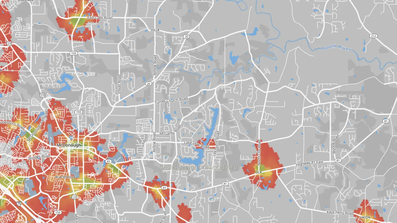 Walk Grade map of 30252, GA, walkable areas in green and car-dependent areas in red