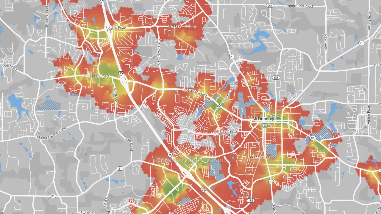 Walk Grade map of 30253, GA, walkable areas in green and car-dependent areas in red