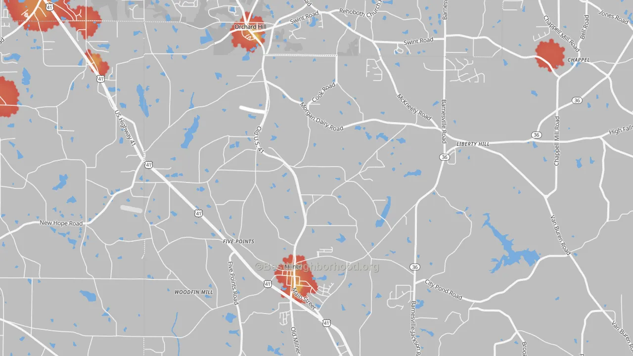 Walk Grade map of 30257, GA, walkable areas in green and car-dependent areas in red