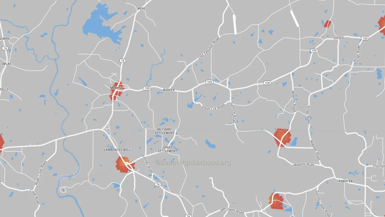 Walk Grade map of 30258, GA, walkable areas in green and car-dependent areas in red