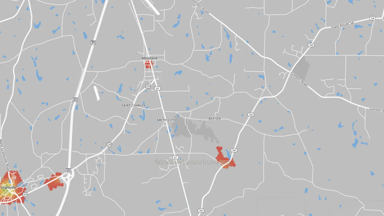 Walk Grade map of 30259, GA, walkable areas in green and car-dependent areas in red