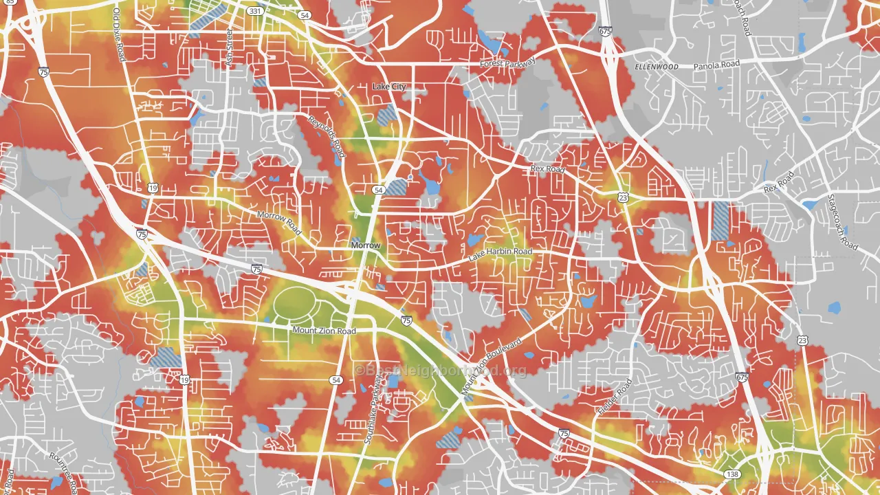 Walk Grade map of 30260, GA, walkable areas in green and car-dependent areas in red