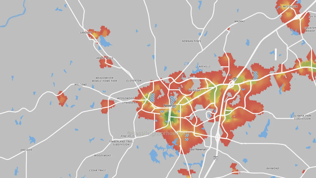 Walk Grade map of 30263, GA, walkable areas in green and car-dependent areas in red