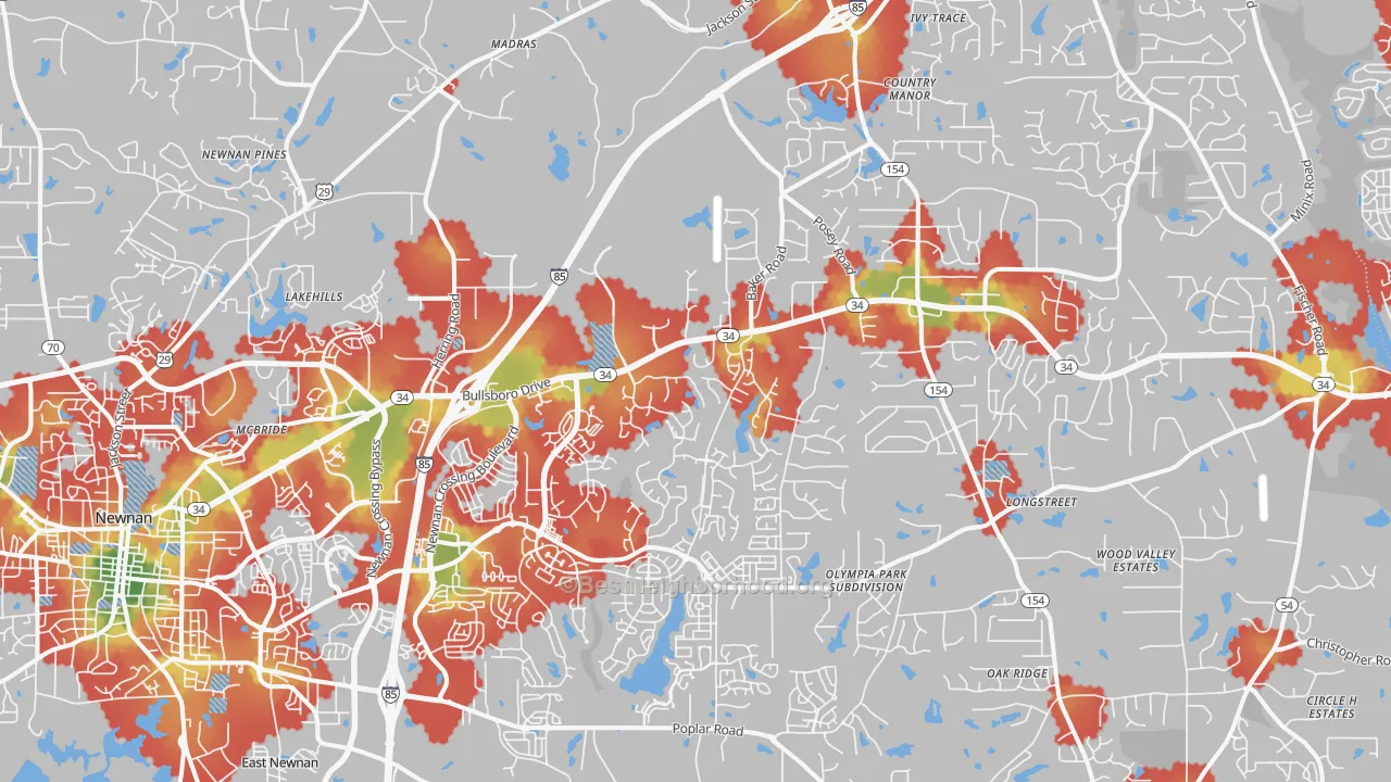 Walk Grade map of 30265, GA, walkable areas in green and car-dependent areas in red