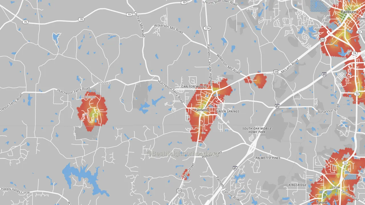 Walk Grade map of 30268, GA, walkable areas in green and car-dependent areas in red