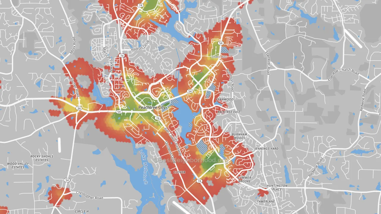 Walk Grade map of 30269, GA, walkable areas in green and car-dependent areas in red