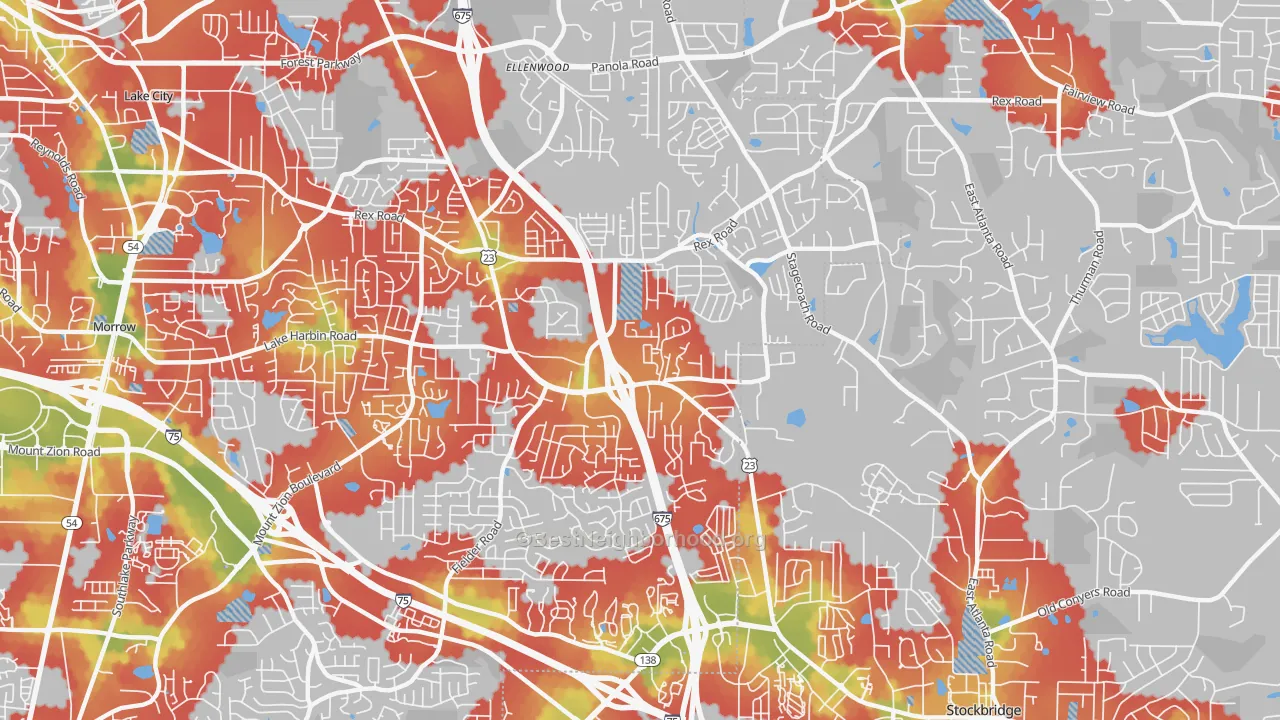 Walk Grade map of 30273, GA, walkable areas in green and car-dependent areas in red