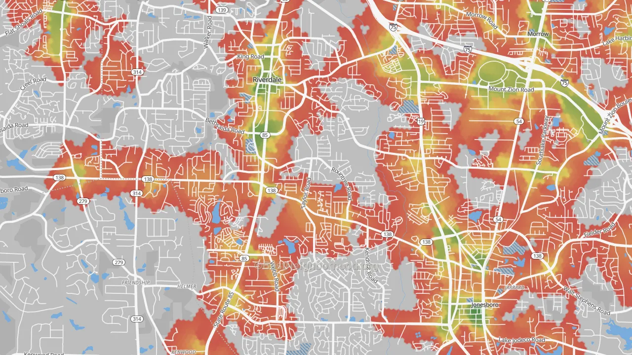 Walk Grade map of 30274, GA, walkable areas in green and car-dependent areas in red