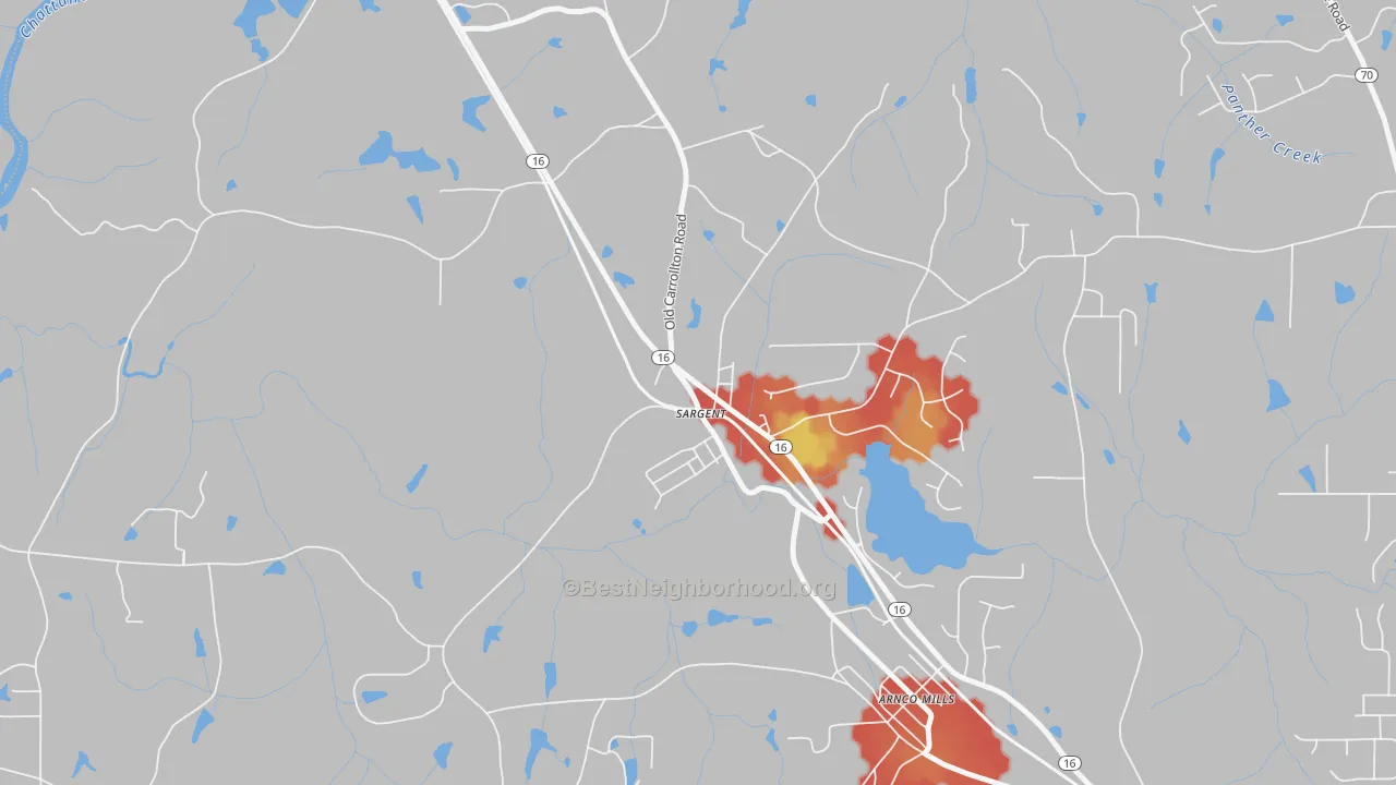 Walk Grade map of 30275, GA, walkable areas in green and car-dependent areas in red