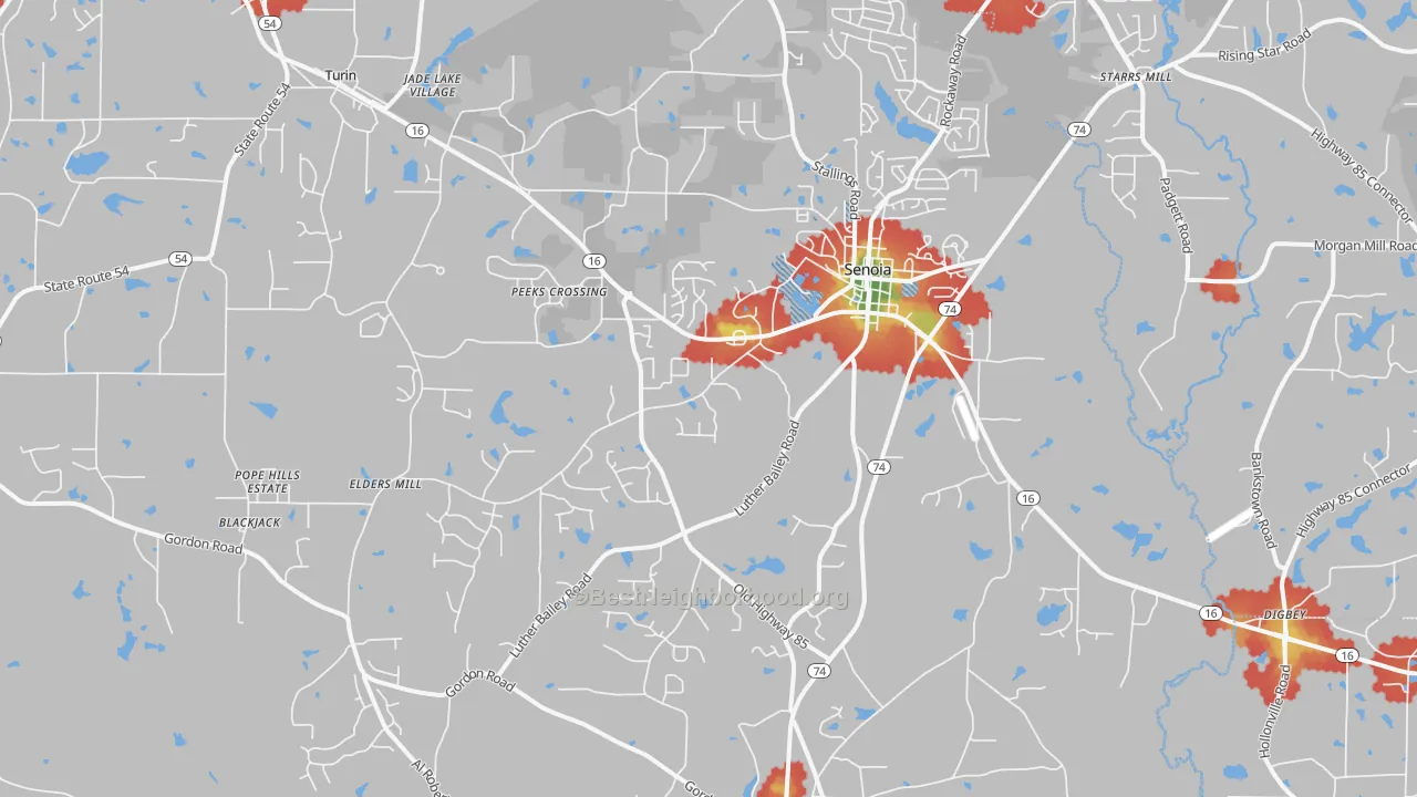 Walk Grade map of 30276, GA, walkable areas in green and car-dependent areas in red