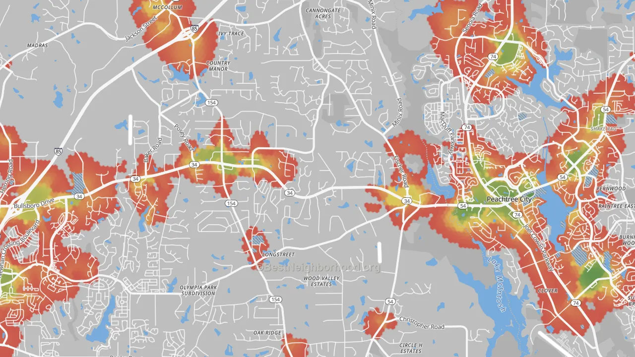 Walk Grade map of 30277, GA, walkable areas in green and car-dependent areas in red