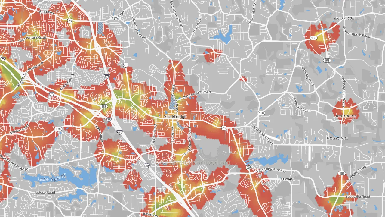 Walk Grade map of 30281, GA, walkable areas in green and car-dependent areas in red