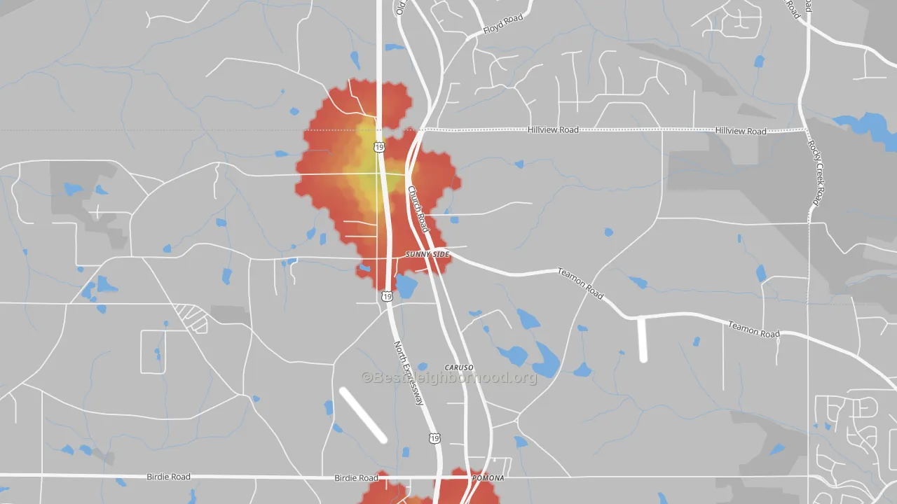 Walk Grade map of 30284, GA, walkable areas in green and car-dependent areas in red