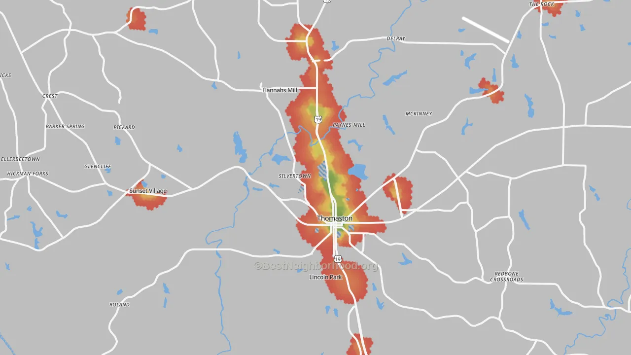 Walk Grade map of 30286, GA, walkable areas in green and car-dependent areas in red