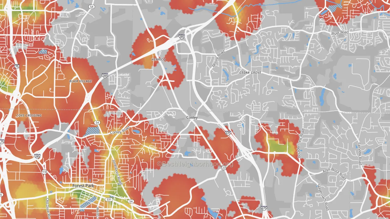 Walk Grade map of 30288, GA, walkable areas in green and car-dependent areas in red