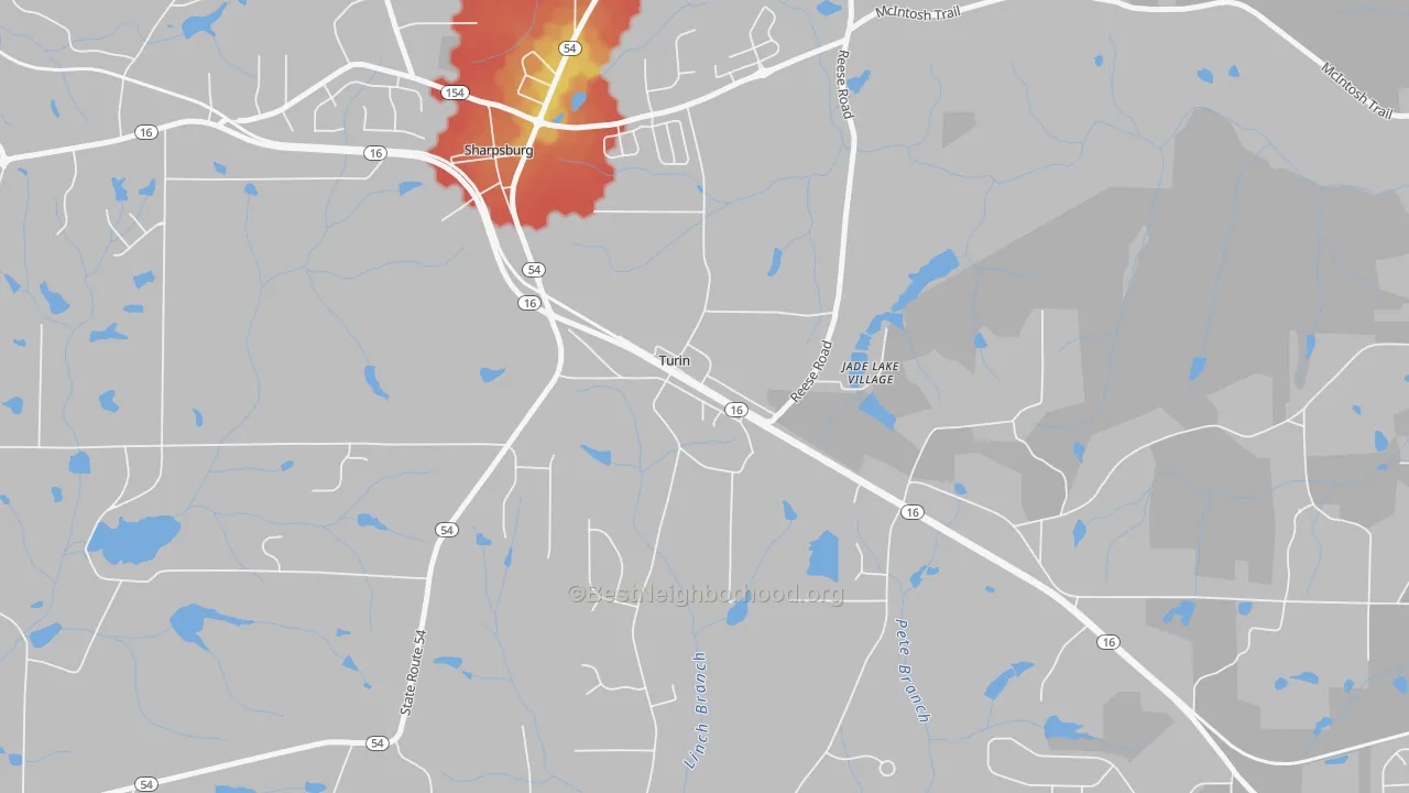 Walk Grade map of 30289, GA, walkable areas in green and car-dependent areas in red